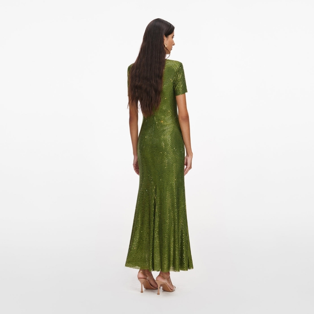 Self-Portrait Olive Rhinestone Mesh Midi Dress - Picture 3 of 7